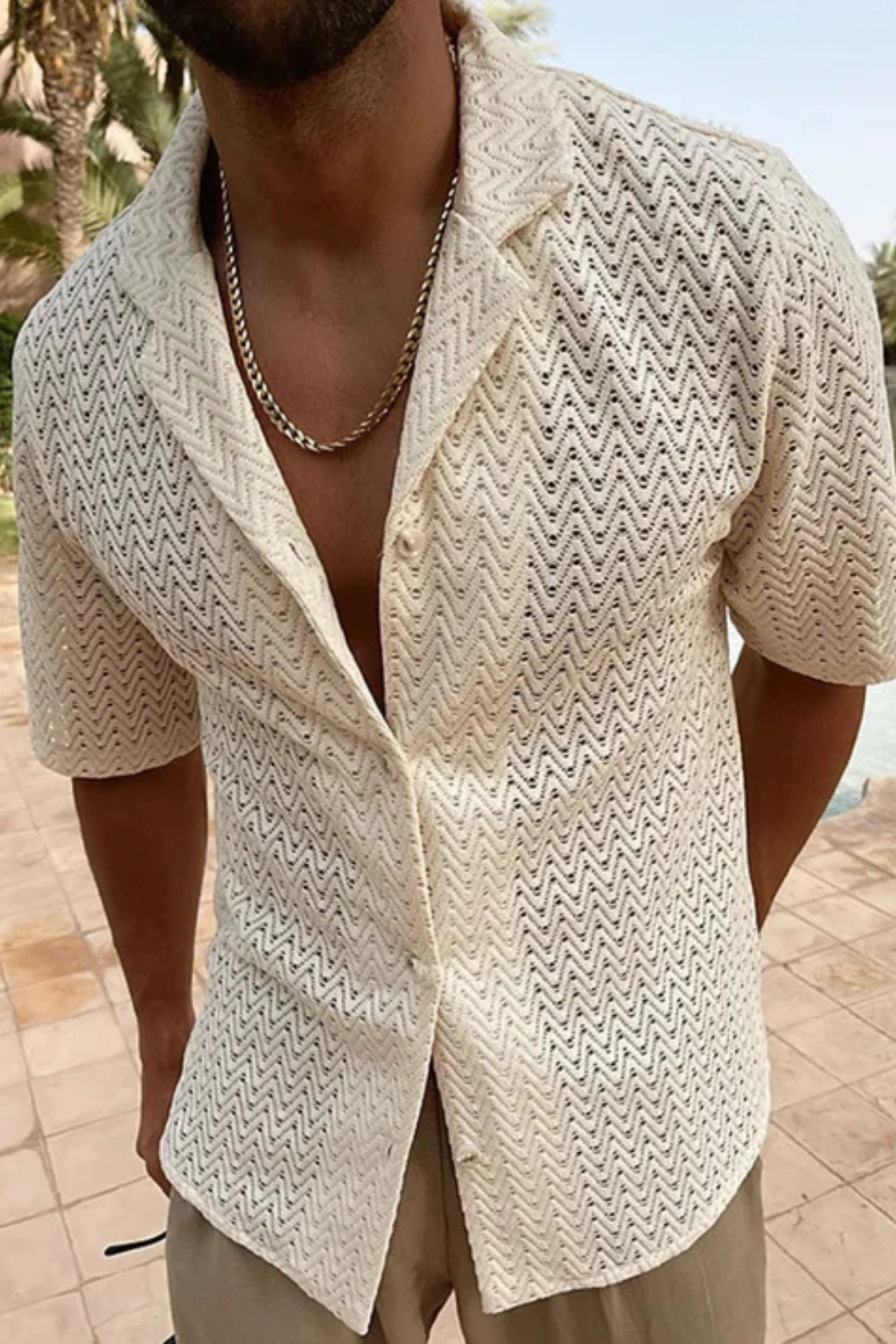 Men's Chevron Textured Short Sleeve Summer Shirt - Open Collar Casual Wear