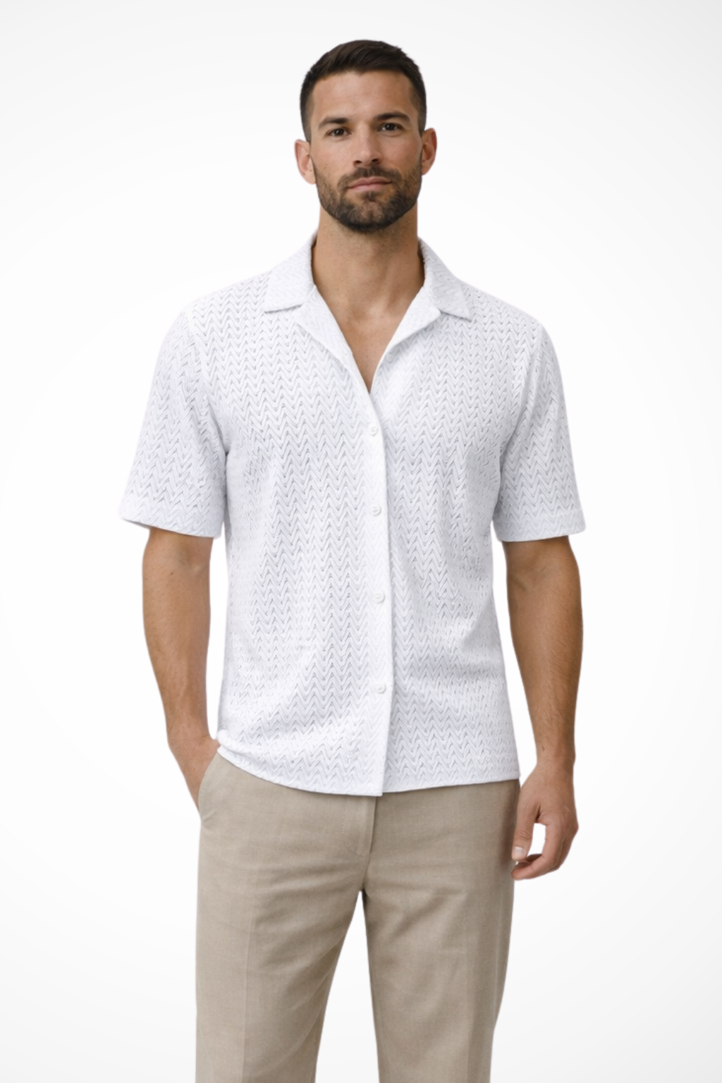 Men's Chevron Textured Short Sleeve Summer Shirt - Open Collar Casual Wear