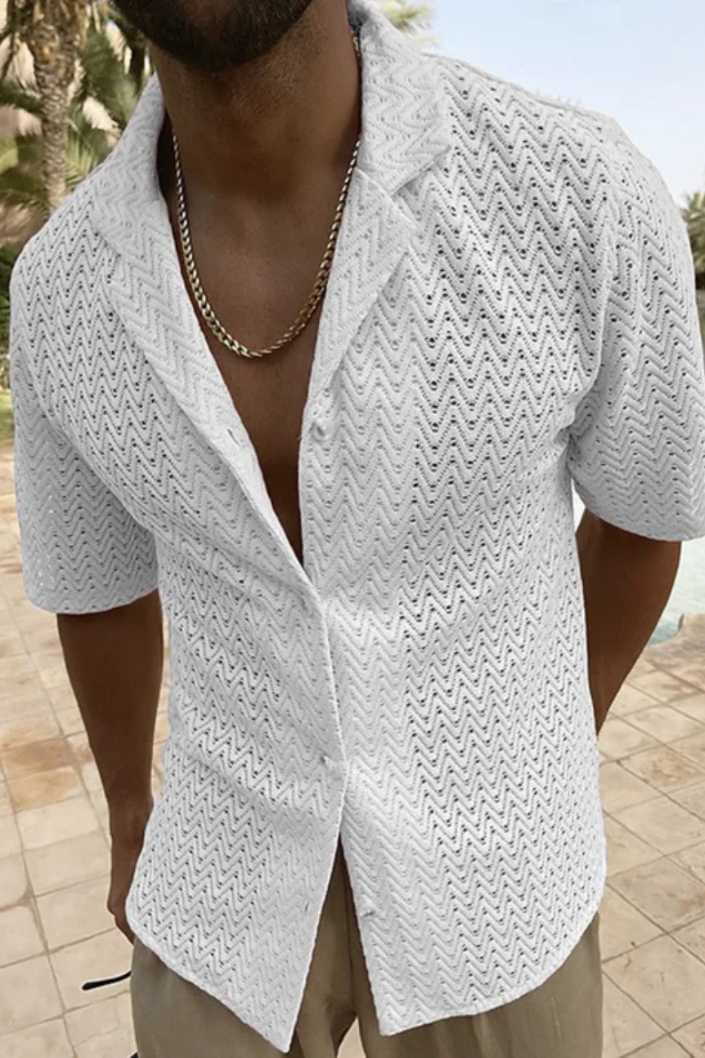 Men's Chevron Textured Short Sleeve Summer Shirt - Open Collar Casual Wear