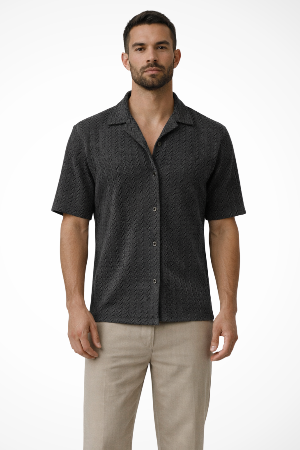 Men's Chevron Textured Short Sleeve Summer Shirt - Open Collar Casual Wear
