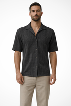Men's Chevron Textured Short Sleeve Summer Shirt - Open Collar Casual Wear