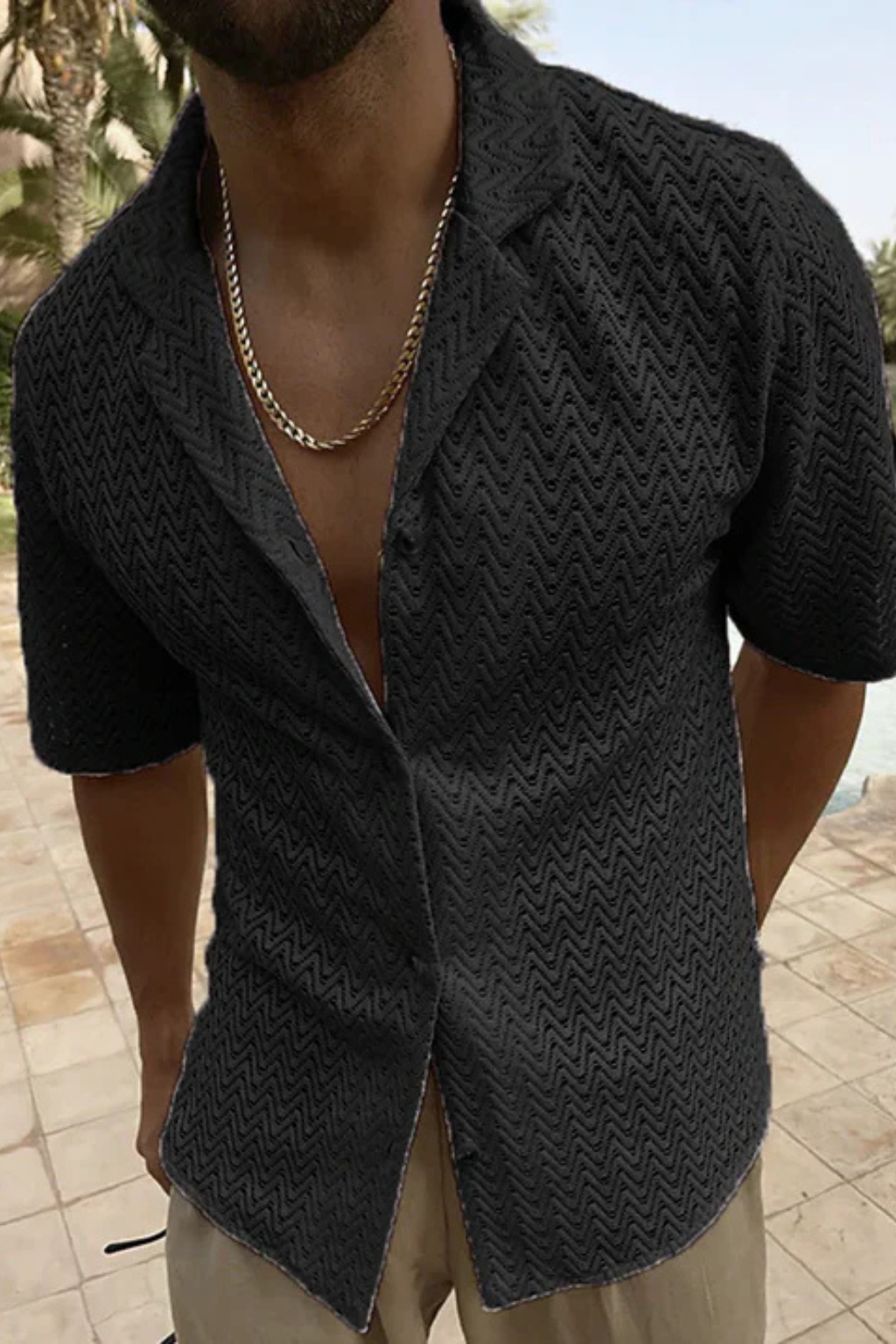 Men's Chevron Textured Short Sleeve Summer Shirt - Open Collar Casual Wear