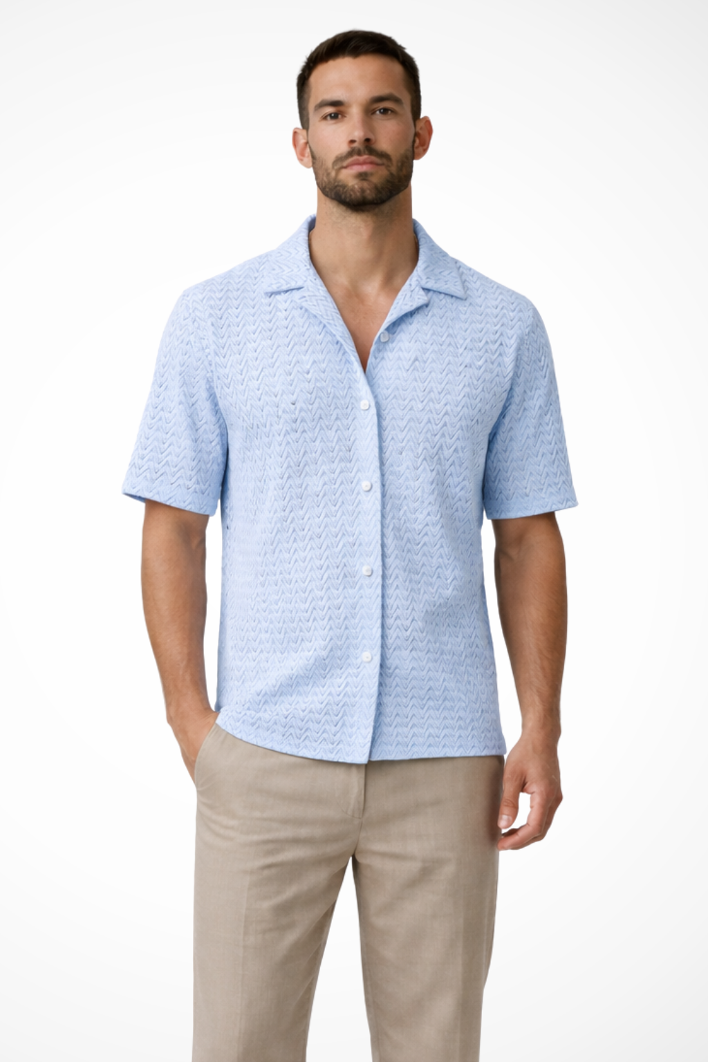 Men's Chevron Textured Short Sleeve Summer Shirt - Open Collar Casual Wear