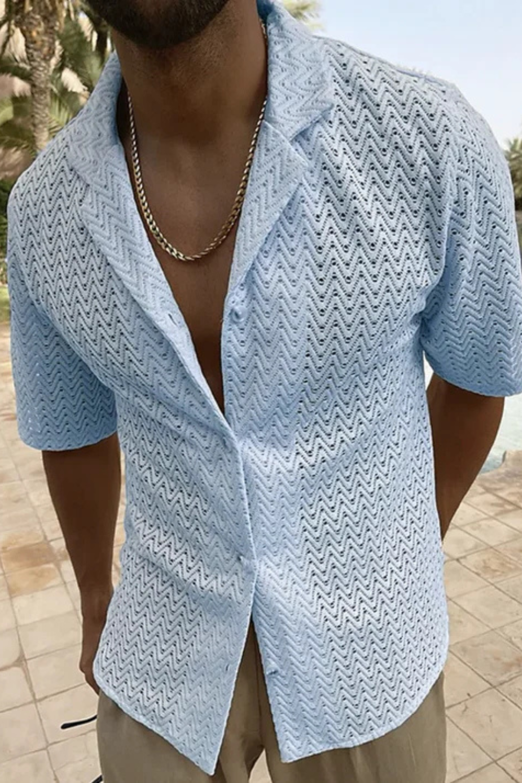 Men's Chevron Textured Short Sleeve Summer Shirt - Open Collar Casual Wear