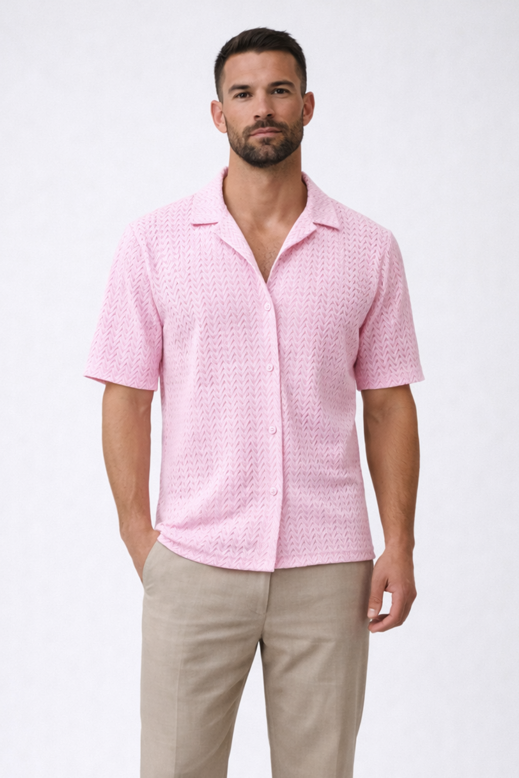 Men's Chevron Textured Short Sleeve Summer Shirt - Open Collar Casual Wear