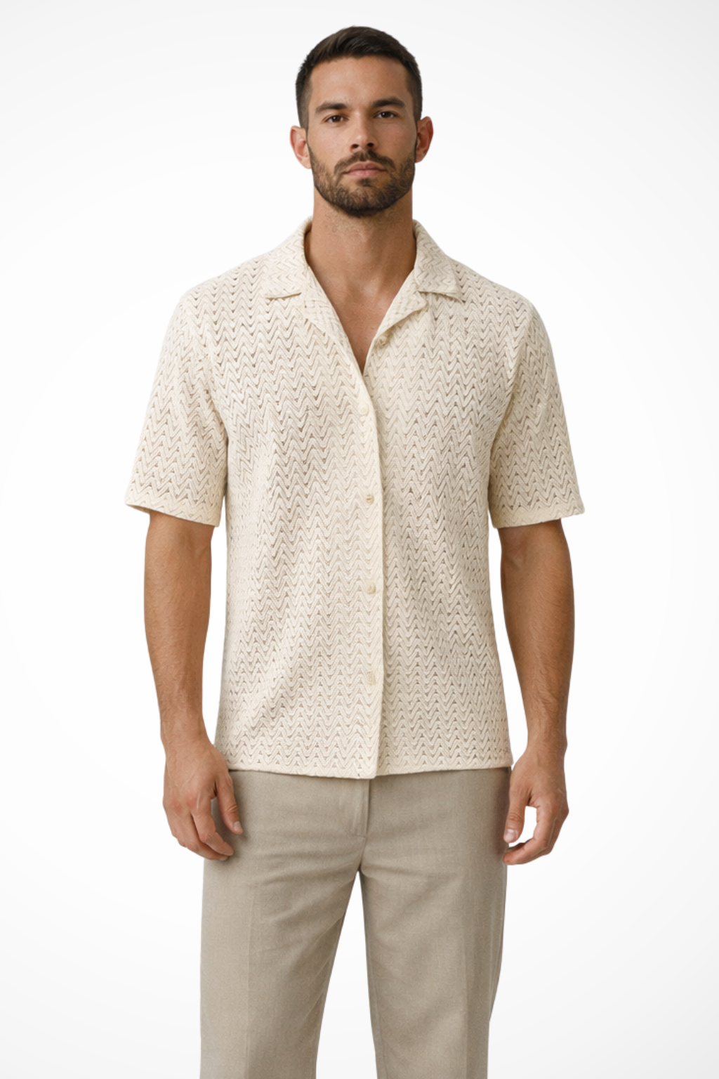 Men's Chevron Textured Short Sleeve Summer Shirt - Open Collar Casual Wear