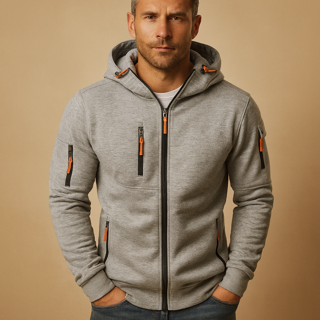 Men's Cotton Blend Adjustable Hooded Zip Hoodie - Casual Wear for Everyday Use