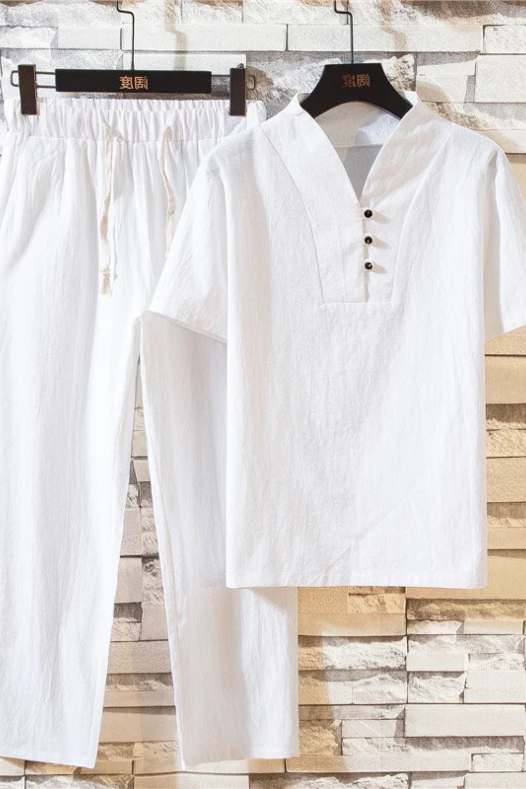 Men's Cotton Linen Summer Shirt and Trouser Set - Two Piece Outfit