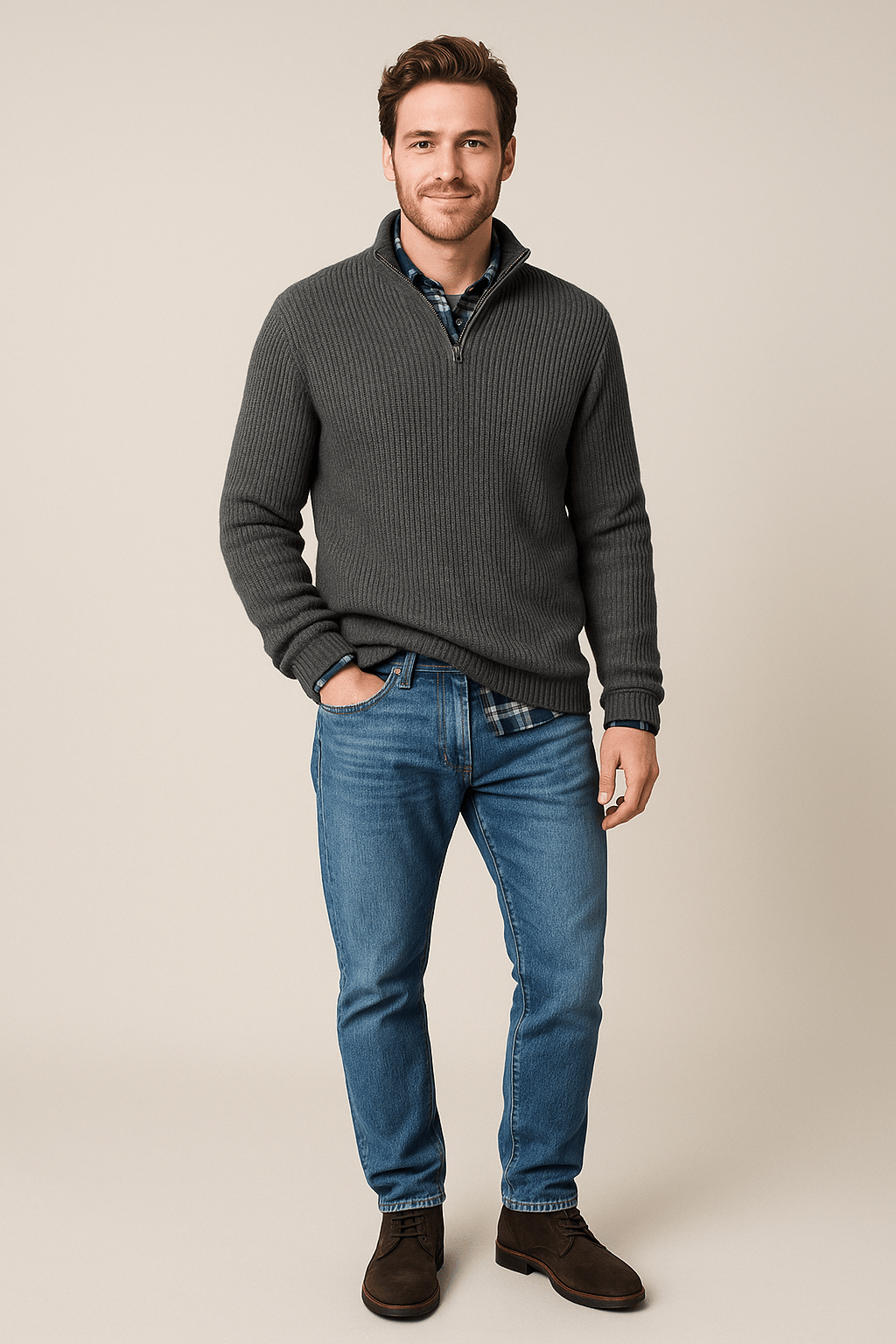 Men's Half-Zip Ribbed Knit Sweater - Warm High Collar for Casual Outdoor Wear