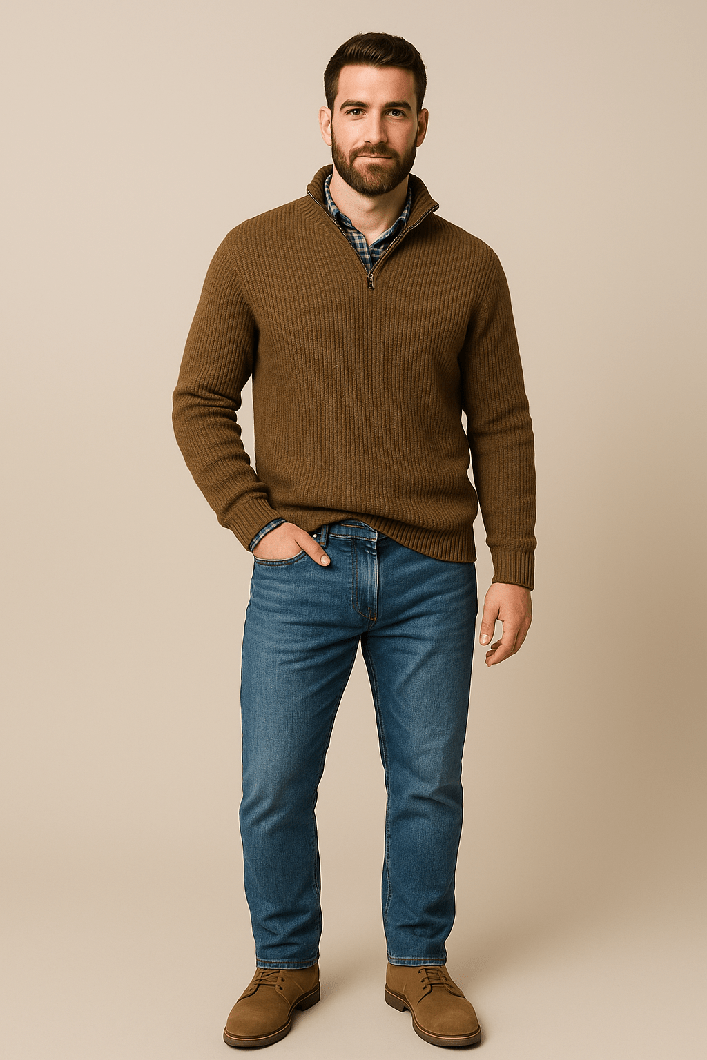 Men's Half-Zip Ribbed Knit Sweater - Warm High Collar for Casual Outdoor Wear