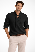 Men's Linen Long Sleeve Casual Shirt - Lace Up Design for Everyday Wear