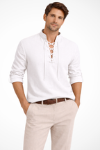 Men's Linen Long Sleeve Casual Shirt - Lace Up Design for Everyday Wear