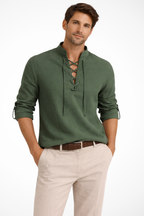 Men's Linen Long Sleeve Casual Shirt - Lace Up Design for Everyday Wear