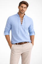 Men's Linen Long Sleeve Casual Shirt - Lace Up Design for Everyday Wear