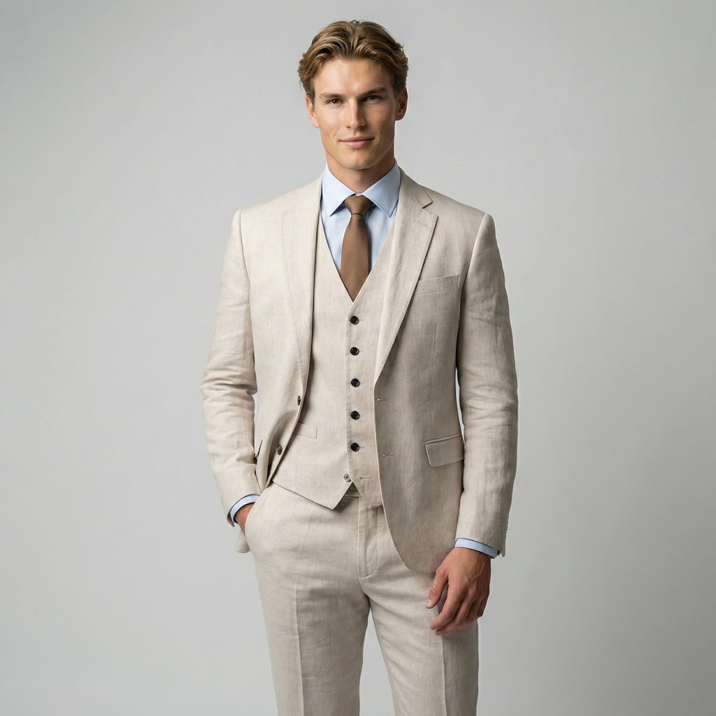 Men's Linen Three-Piece Suit Set - Blazer, Trousers, Waistcoat for Weddings