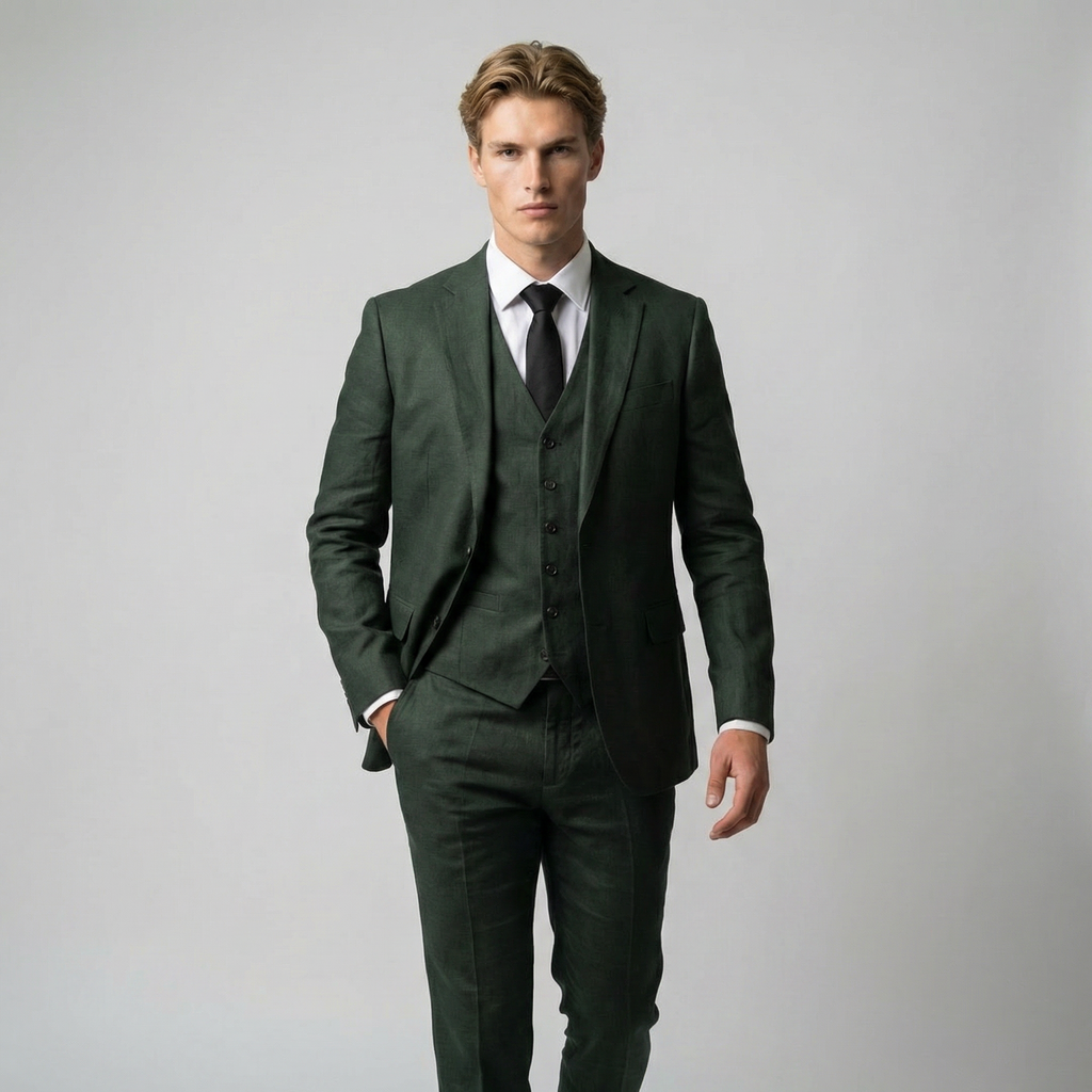 Men's Linen Three-Piece Suit Set - Blazer, Trousers, Waistcoat for Weddings
