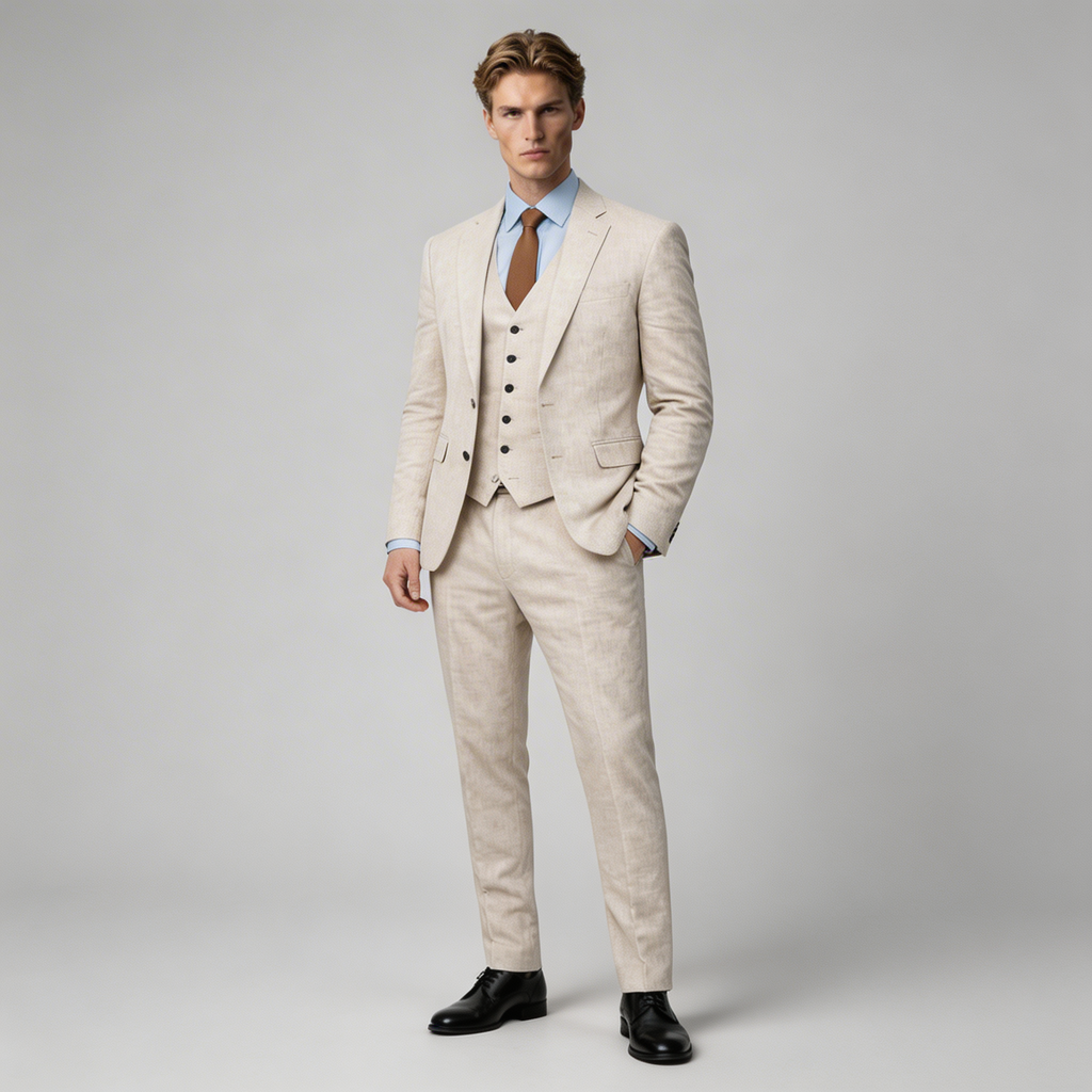 Men's Linen Three-Piece Suit Set - Blazer, Trousers, Waistcoat for Weddings
