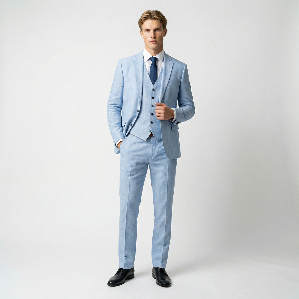 Men's Linen Three-Piece Suit Set - Blazer, Trousers, Waistcoat for Weddings