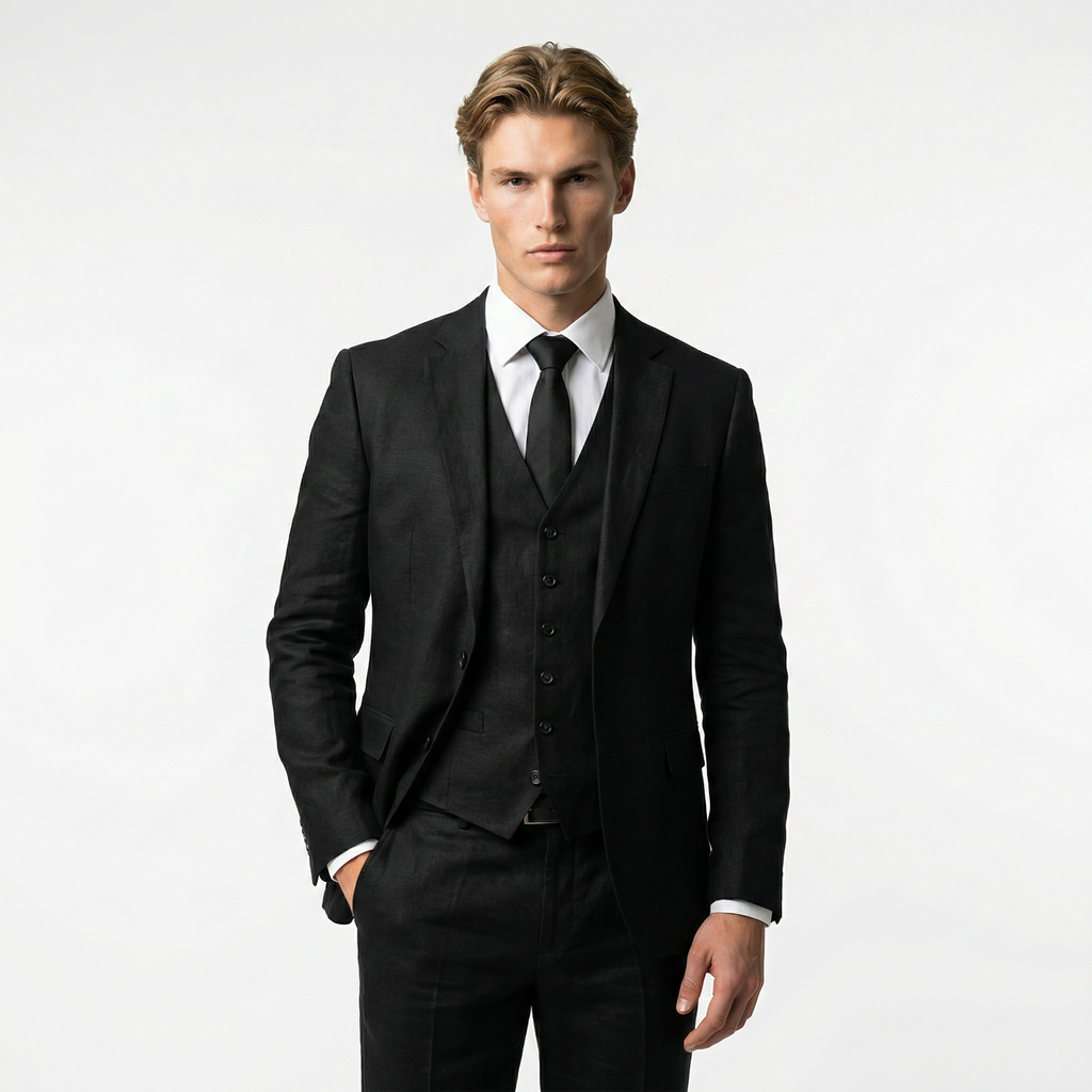 Men's Linen Three-Piece Suit Set - Blazer, Trousers, Waistcoat for Weddings