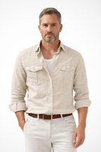 Men's Long Sleeve Cotton Linen Casual Shirt with Double Chest Pockets