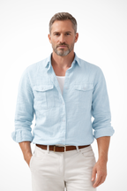 Men's Long Sleeve Cotton Linen Casual Shirt with Double Chest Pockets