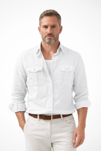 Men's Long Sleeve Cotton Linen Casual Shirt with Double Chest Pockets