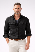 Men's Long Sleeve Cotton Linen Casual Shirt with Double Chest Pockets