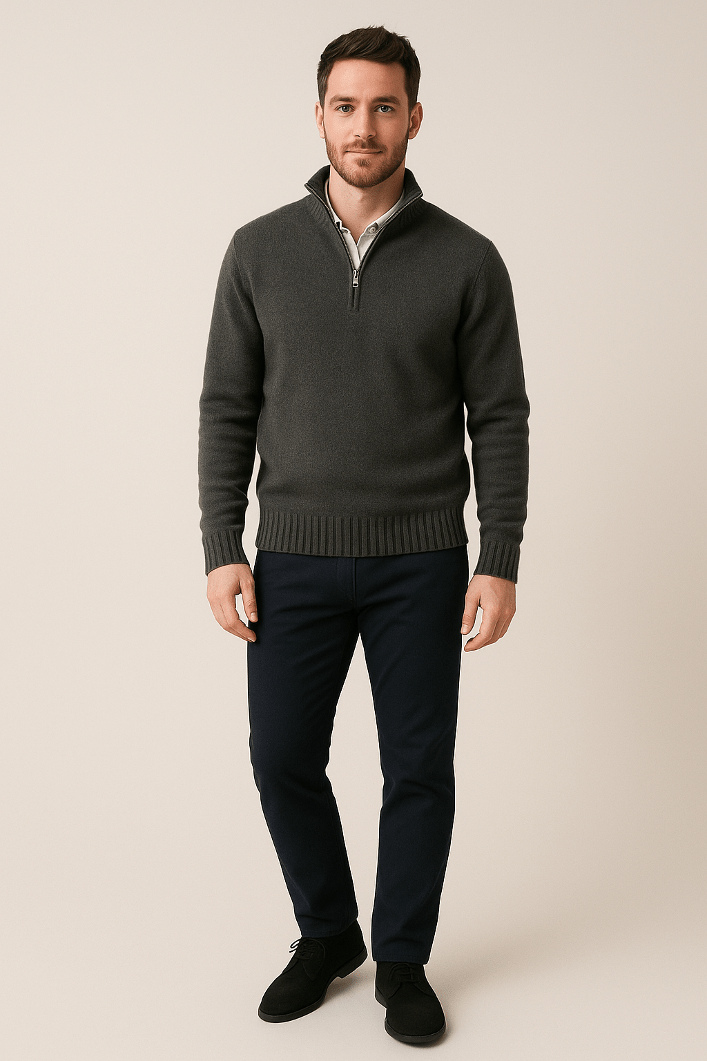 Men's Quarter-Zip High Collar Ribbed Knit Sweater for Casual Wear