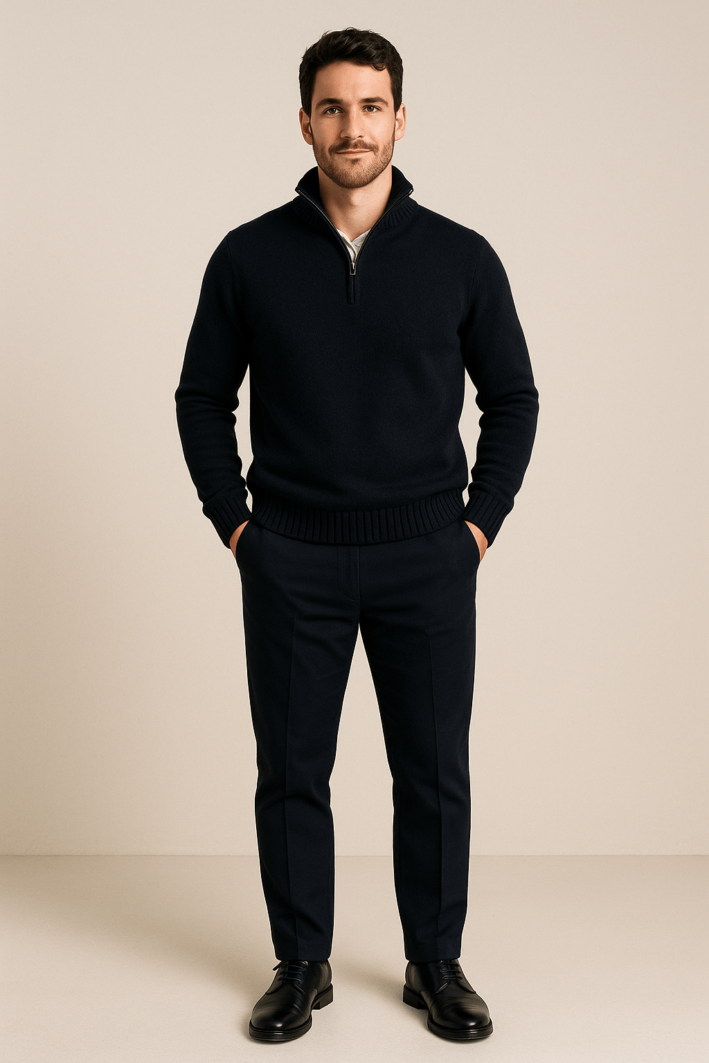 Men's Quarter-Zip High Collar Ribbed Knit Sweater for Casual Wear