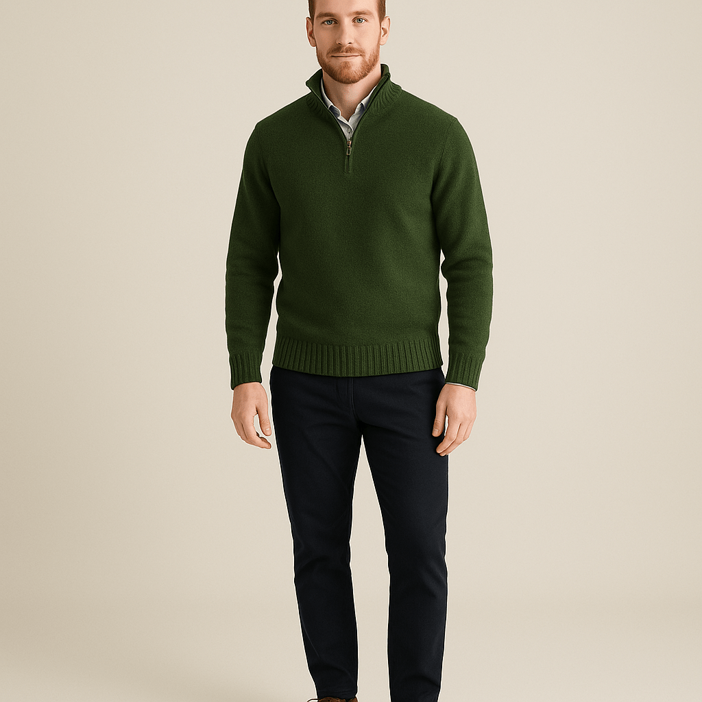 Men's Quarter-Zip High Collar Ribbed Knit Sweater for Casual Wear