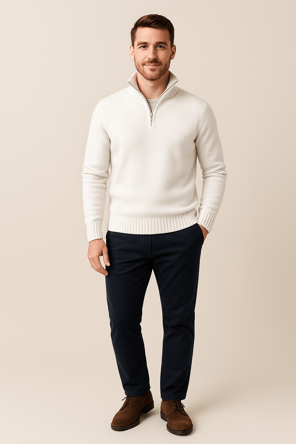 Men's Quarter-Zip High Collar Ribbed Knit Sweater for Casual Wear