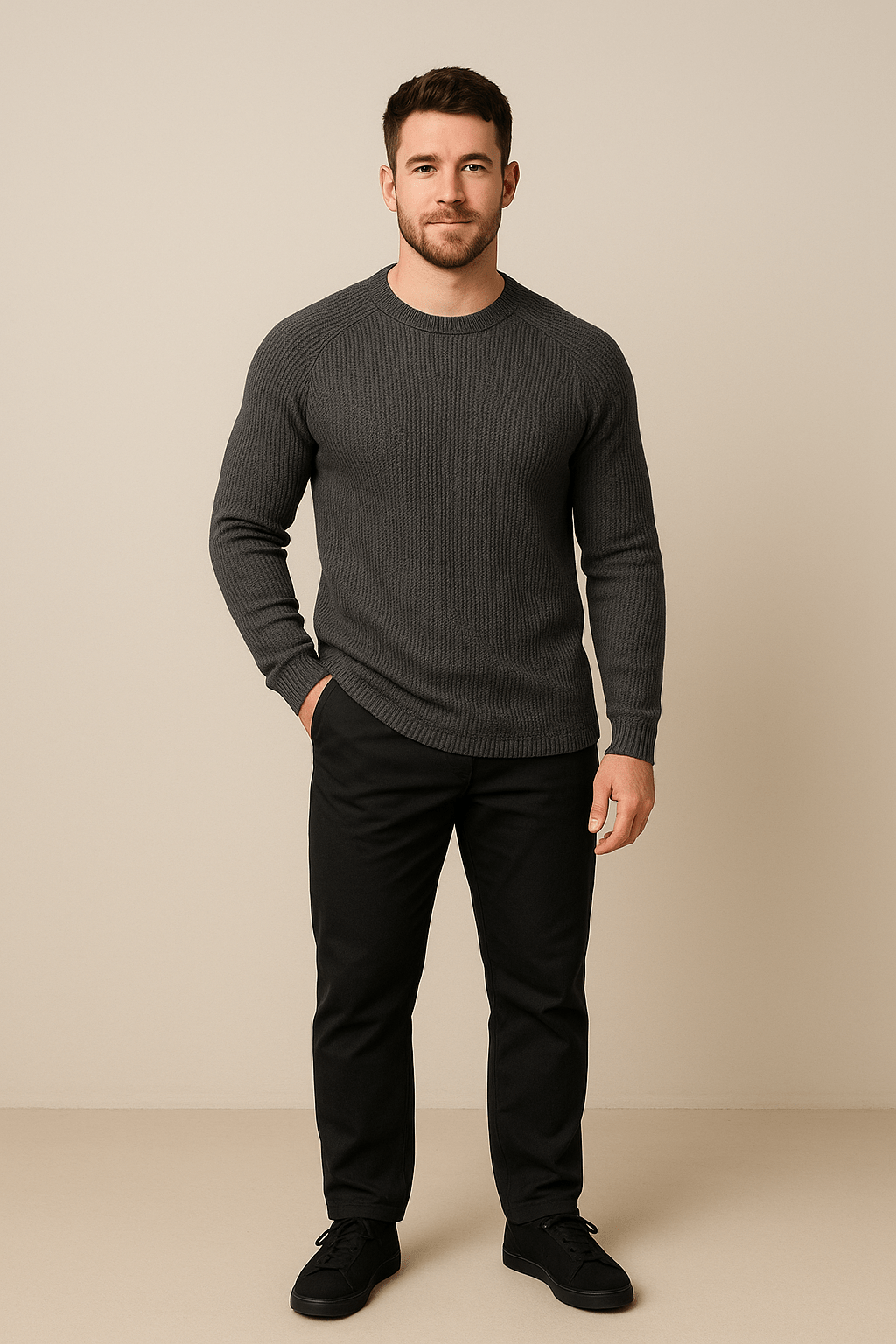Men's Ribbed Knit Crewneck Sweater - Slim Fit Casual Knitwear for Everyday Wear