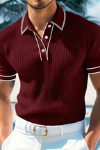 Men's Ribbed Knit Polo Shirt with Contrast Collar for Casual Wear