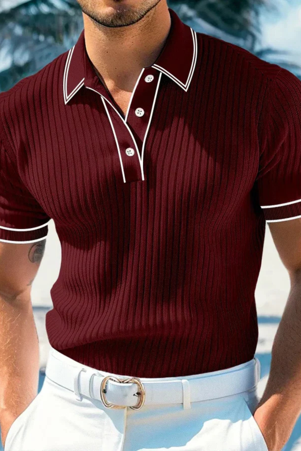 Men's Ribbed Knit Polo Shirt with Contrast Collar for Casual Wear