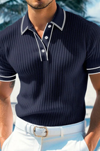 Men's Ribbed Knit Polo Shirt with Contrast Collar for Casual Wear