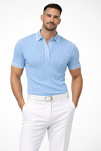 Men's Ribbed Knit Polo Shirt with Contrast Collar for Casual Wear