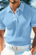 Men's Ribbed Knit Polo Shirt with Contrast Collar for Casual Wear