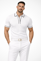 Men's Ribbed Knit Polo Shirt with Contrast Collar for Casual Wear