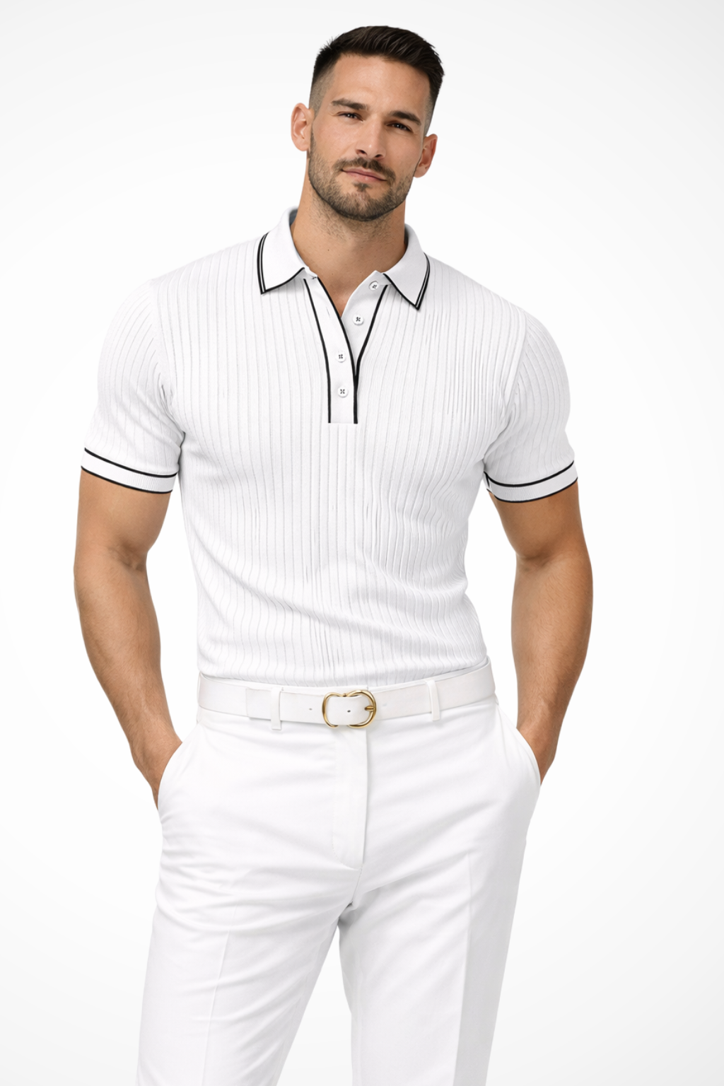 Men's Ribbed Knit Polo Shirt with Contrast Collar for Casual Wear