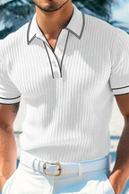 Men's Ribbed Knit Polo Shirt with Contrast Collar for Casual Wear