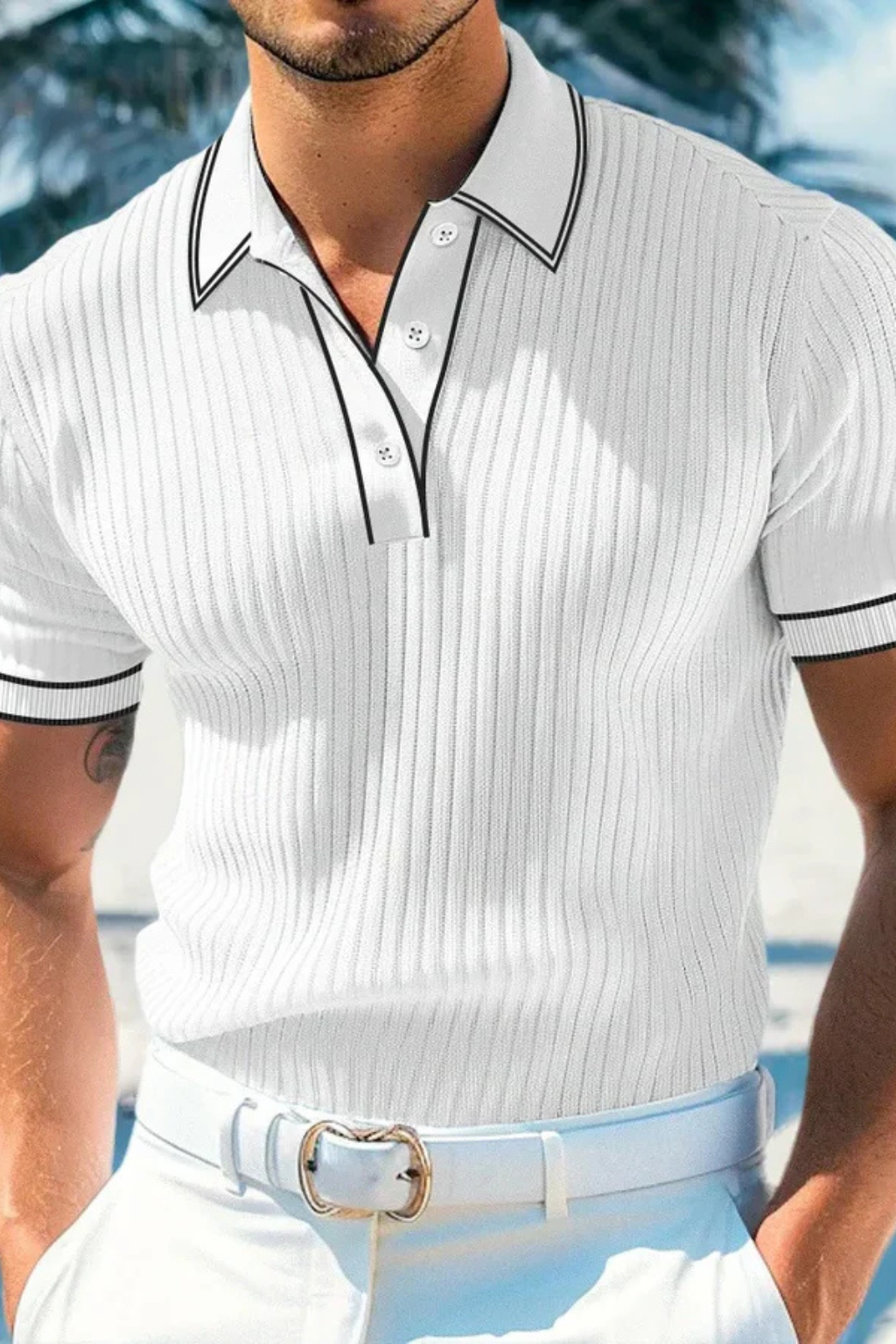 Men's Ribbed Knit Polo Shirt with Contrast Collar for Casual Wear