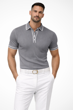 Men's Ribbed Knit Polo Shirt with Contrast Collar for Casual Wear