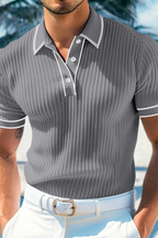 Men's Ribbed Knit Polo Shirt with Contrast Collar for Casual Wear