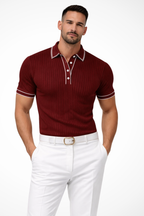 Men's Ribbed Knit Polo Shirt with Contrast Collar for Casual Wear
