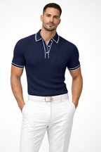 Men's Ribbed Knit Polo Shirt with Contrast Collar for Casual Wear