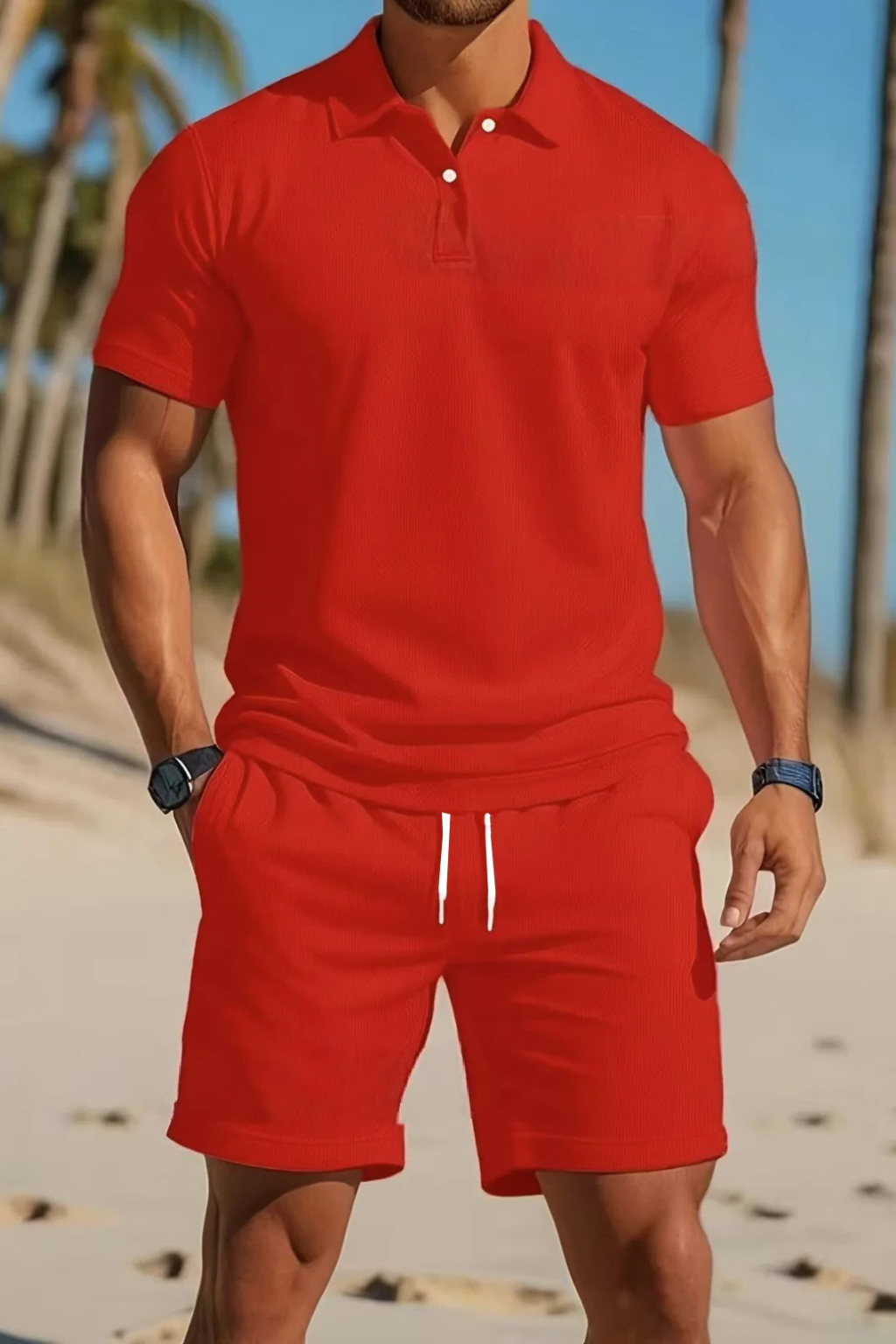 Men's Short Sleeve Polo Shirt and Drawstring Shorts Summer Outfit Set