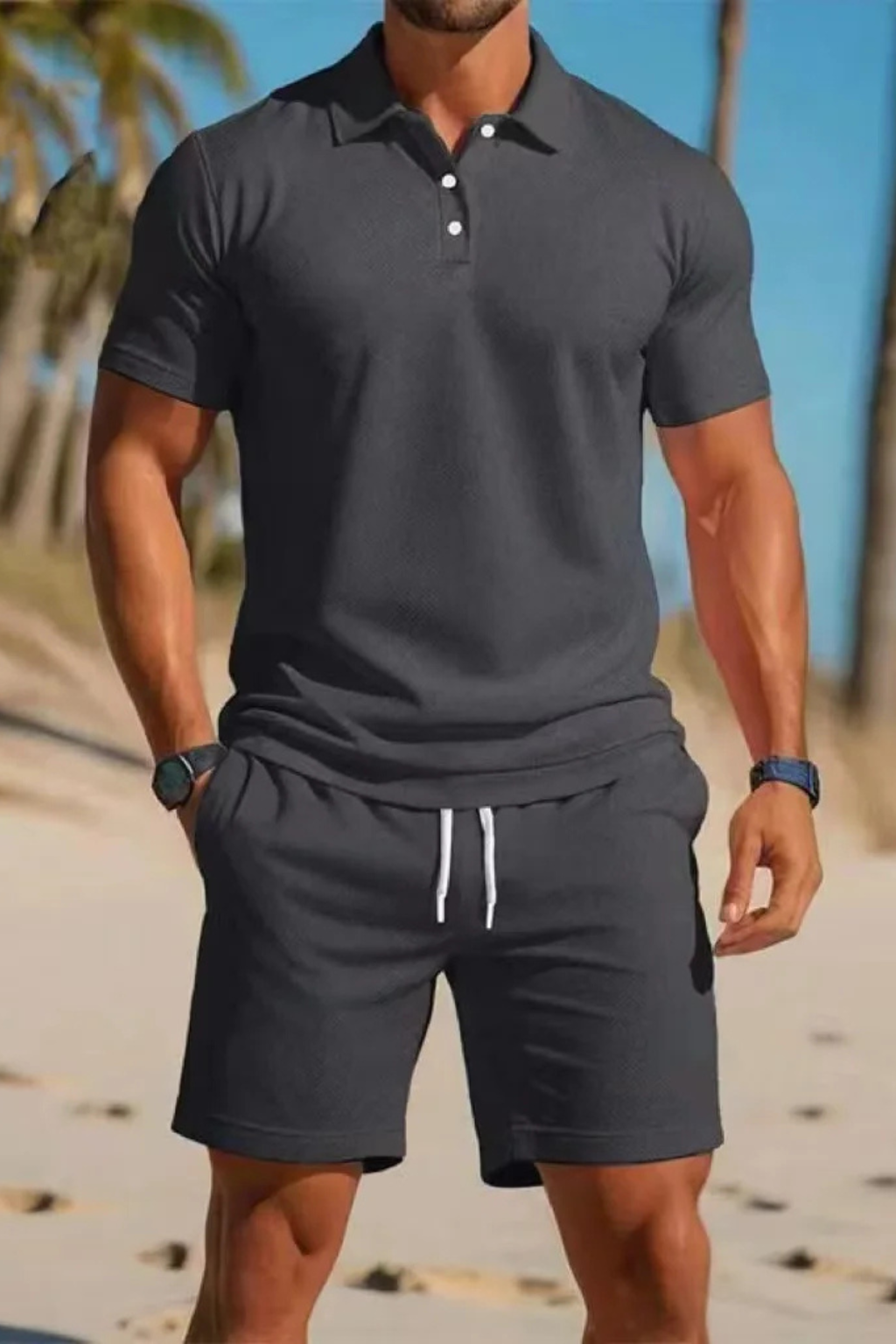 Men's Short Sleeve Polo Shirt and Drawstring Shorts Summer Outfit Set
