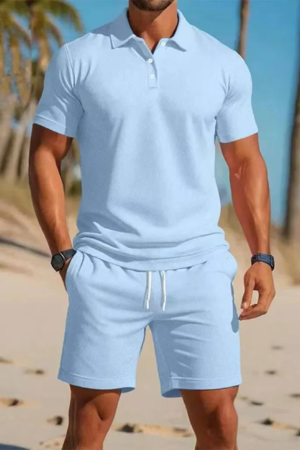 Men's Short Sleeve Polo Shirt and Drawstring Shorts Summer Outfit Set