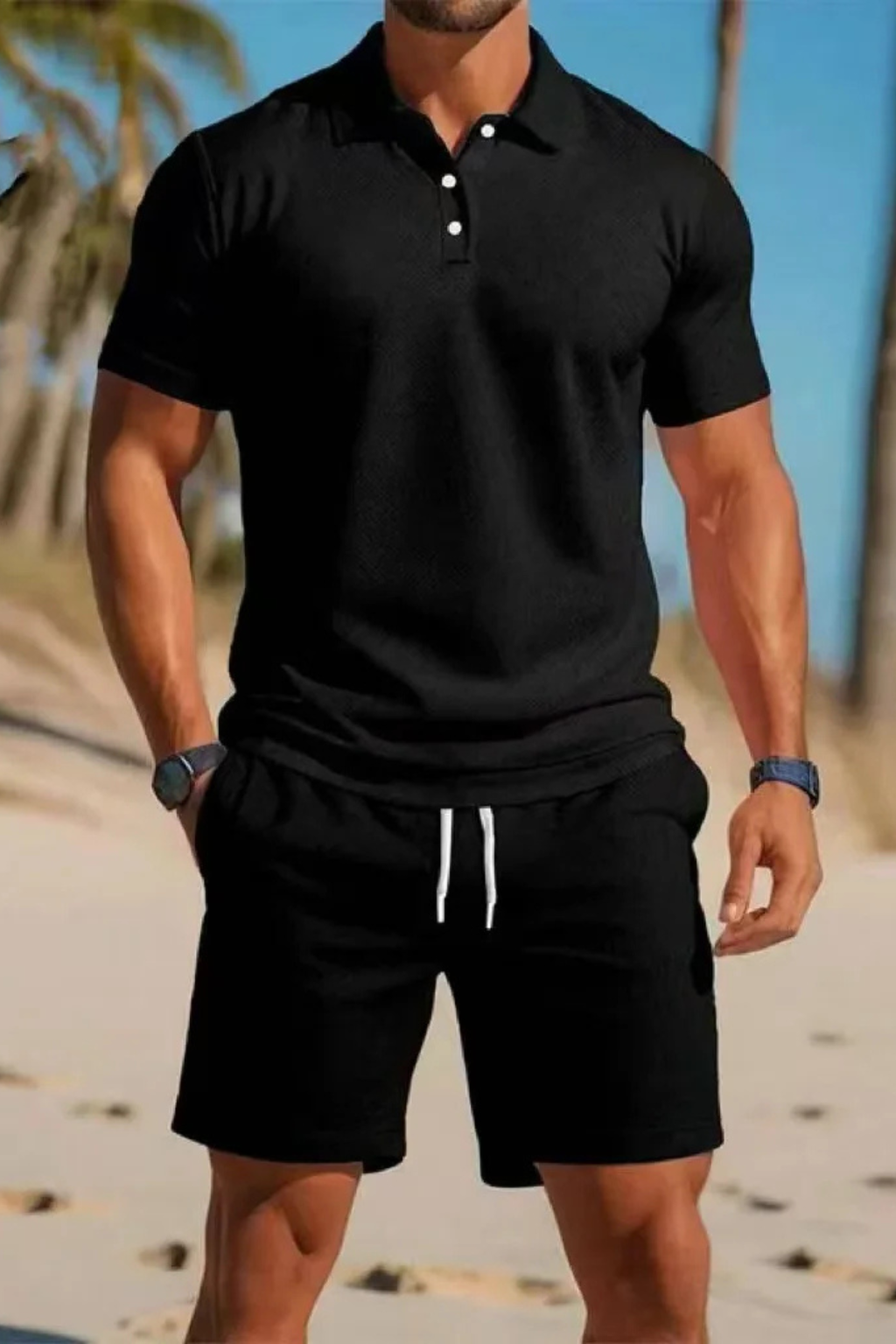Men's Short Sleeve Polo Shirt and Drawstring Shorts Summer Outfit Set
