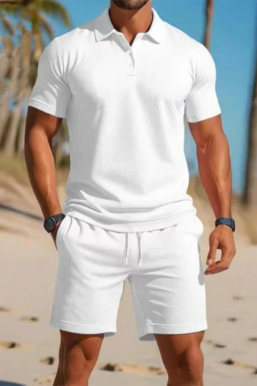 Men's Short Sleeve Polo Shirt and Drawstring Shorts Summer Outfit Set